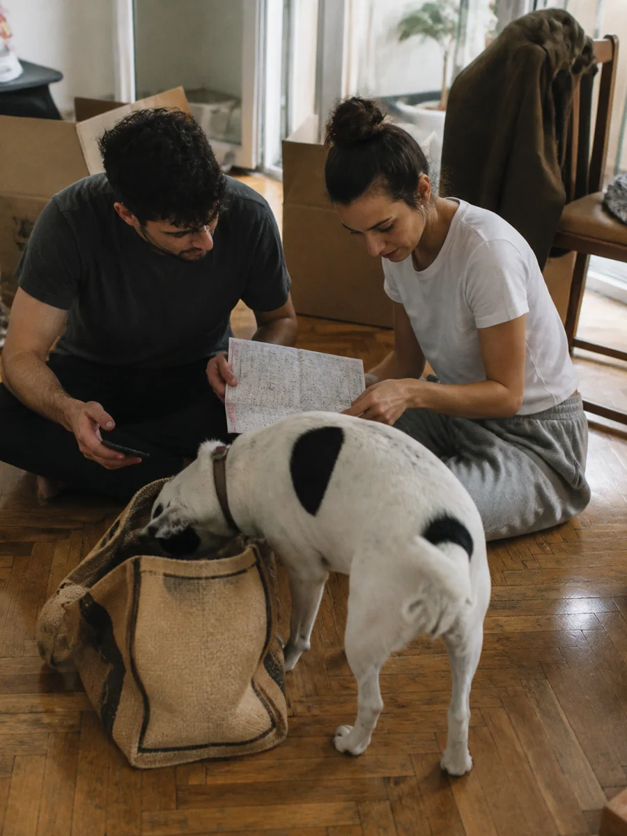A couple checks their route while their dog explores a travel bag
