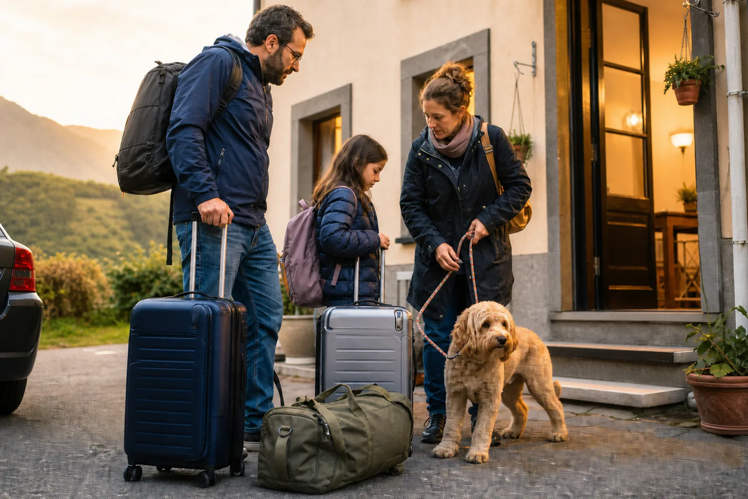 A pet travelling with its family