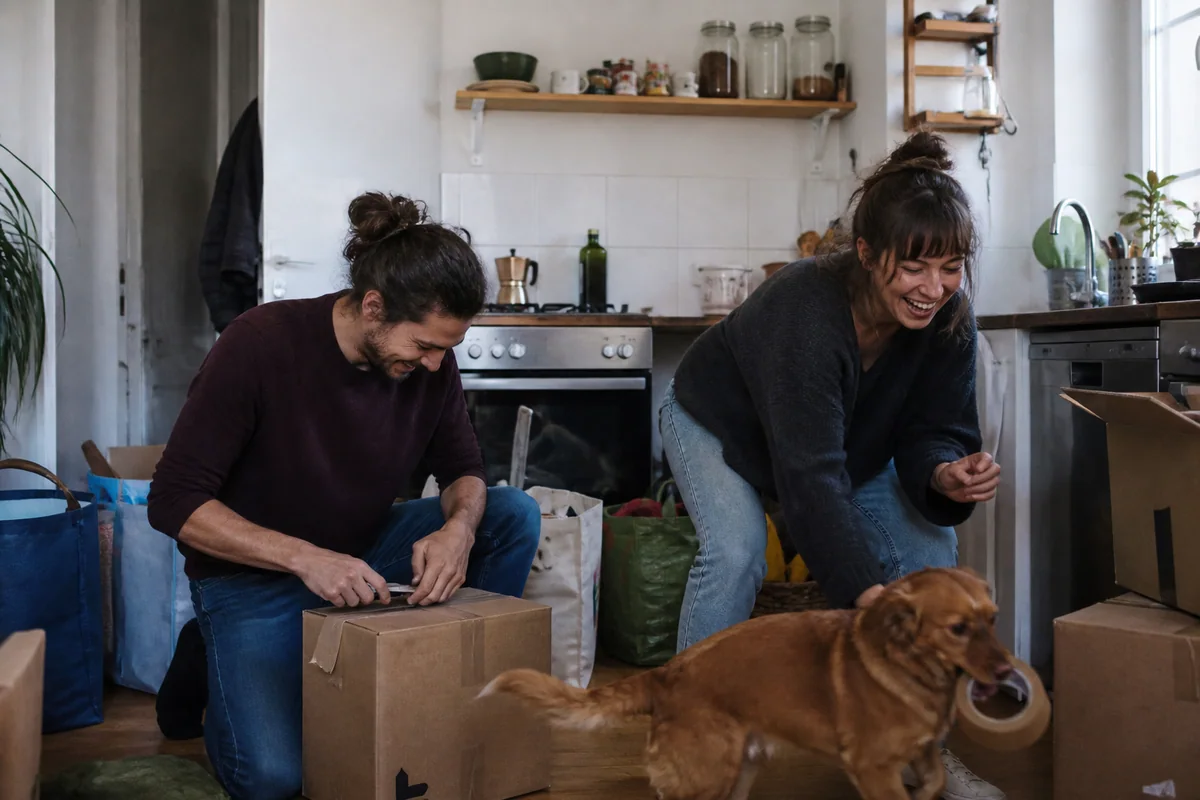 Friends pack while their dog carries away the packing tape