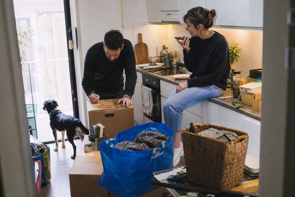 A couple confirms their route by phone while packing