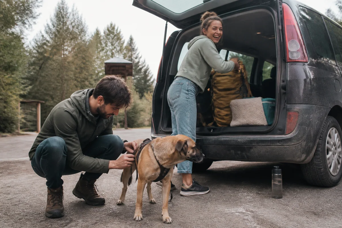 A couple prepares their dog and belongings to continue the journey