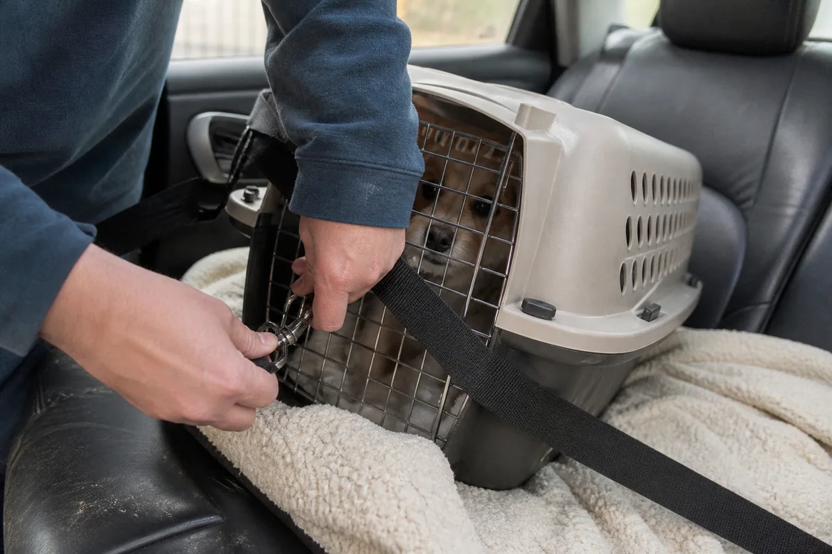 A pet carrier secured inside a vehicle