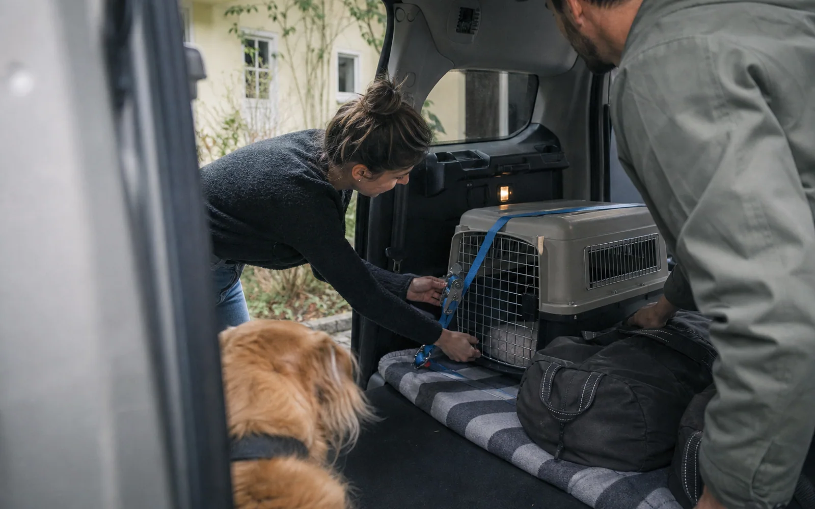 A couple checks how a pet carrier is secured in a vehicle